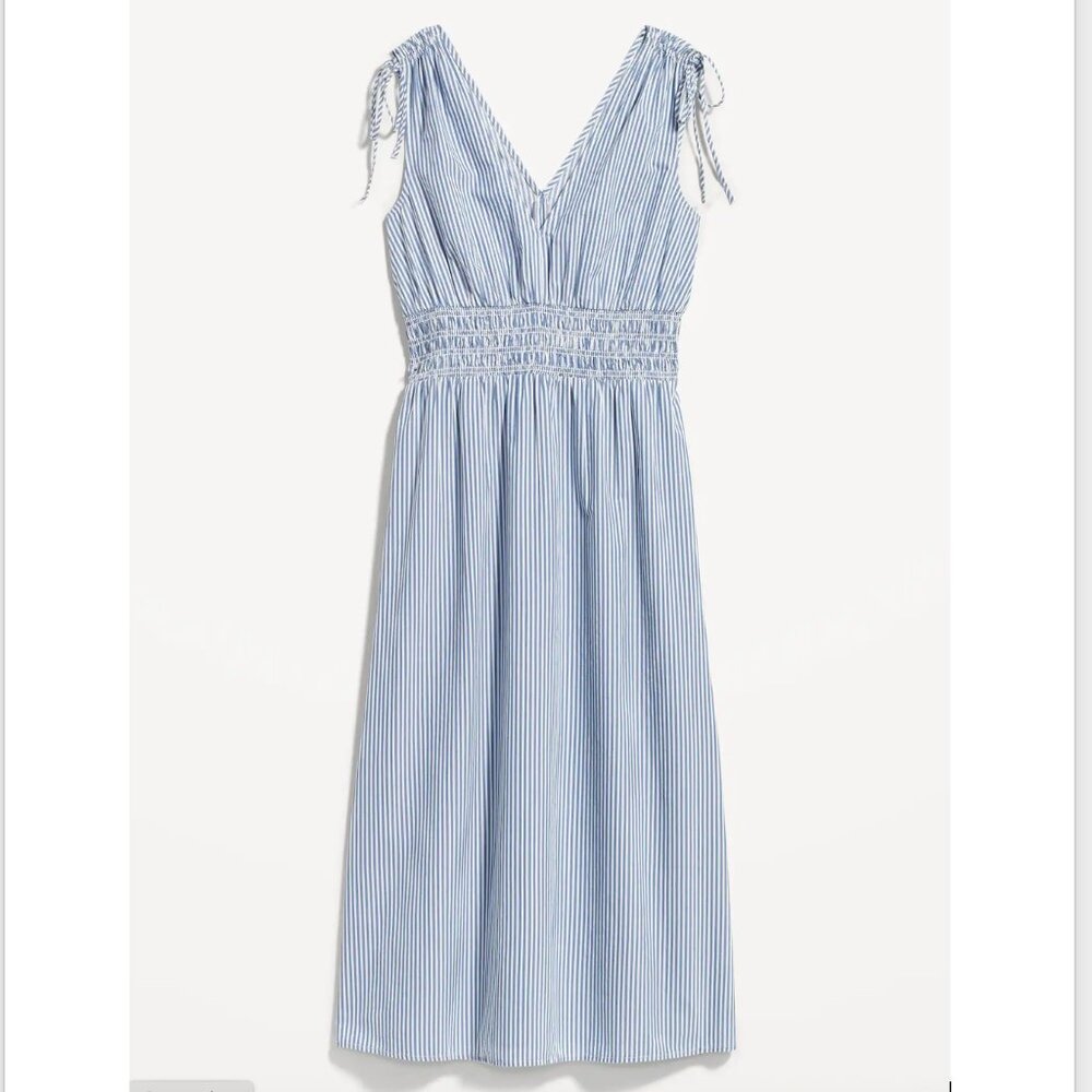 Fit & Flare Sleeveless Striped Tie-Shoulder Smocked Maxi Dress, M Tall